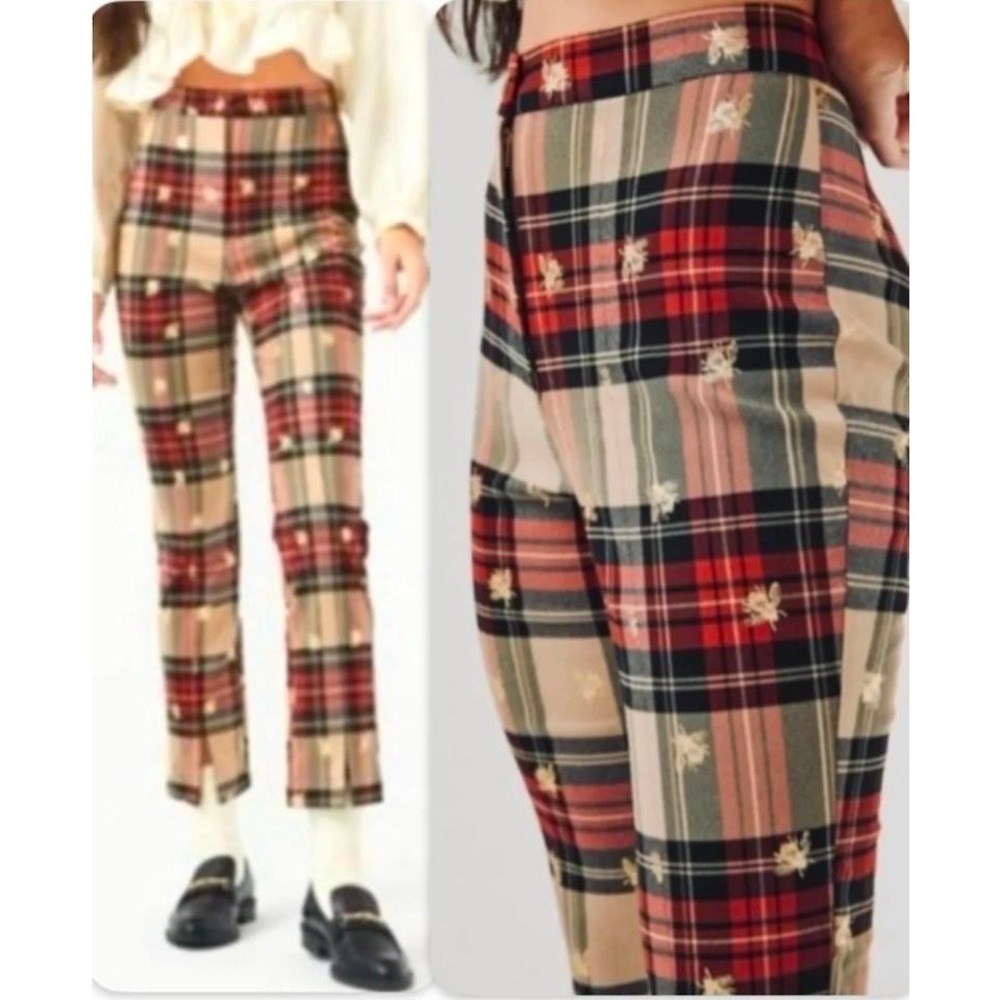 Urban Outfitters Plaid Gold Bee Embroidered Fleece Like Lined Trousers Size 2